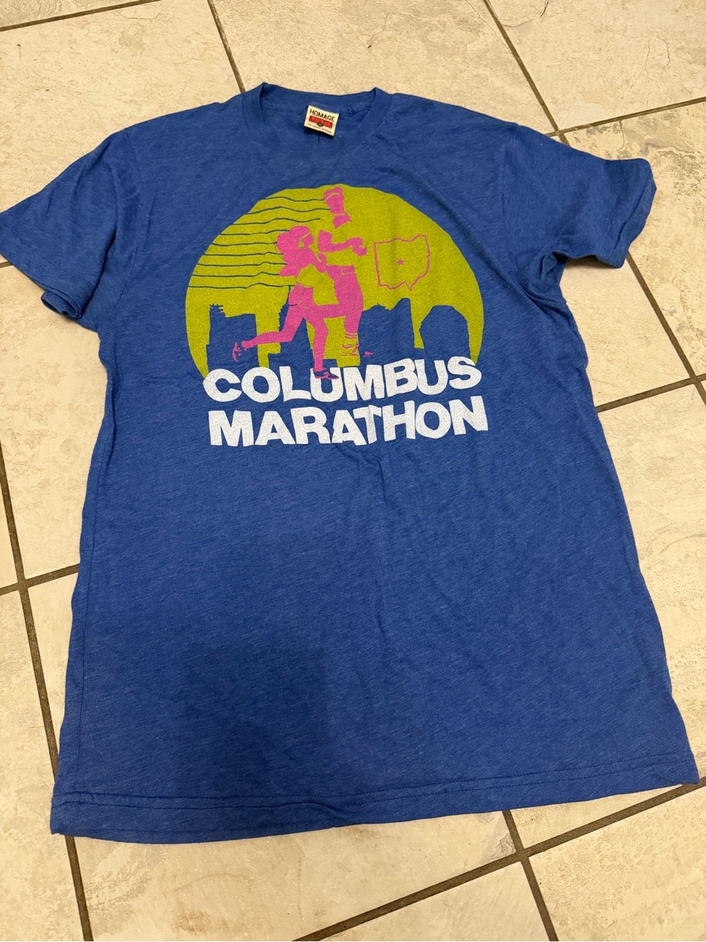 HOMAGE Blue Columbus Marathon Graphic Tee with Pink & Lime Print